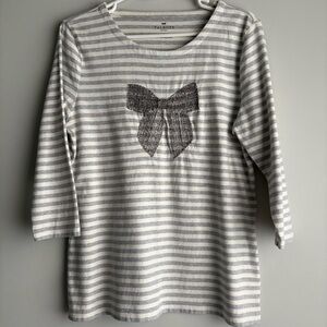 Talbots Petites LP‎ Striped 100% Cotton Top with Beaded Bow Detail